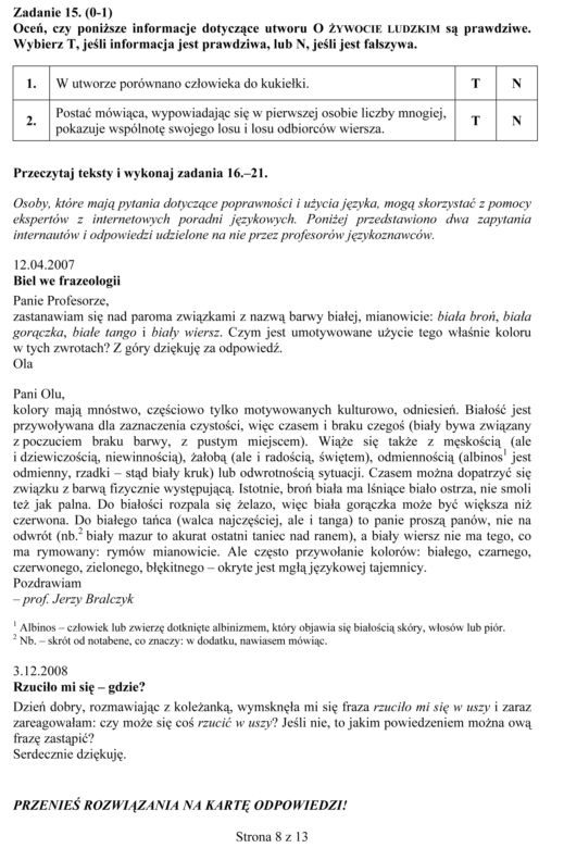 EGZAMIN GIMNAZJALNY 2013 JĘZYK POLSKI - ODPOWIEDZI, ARKUSZE z CKE