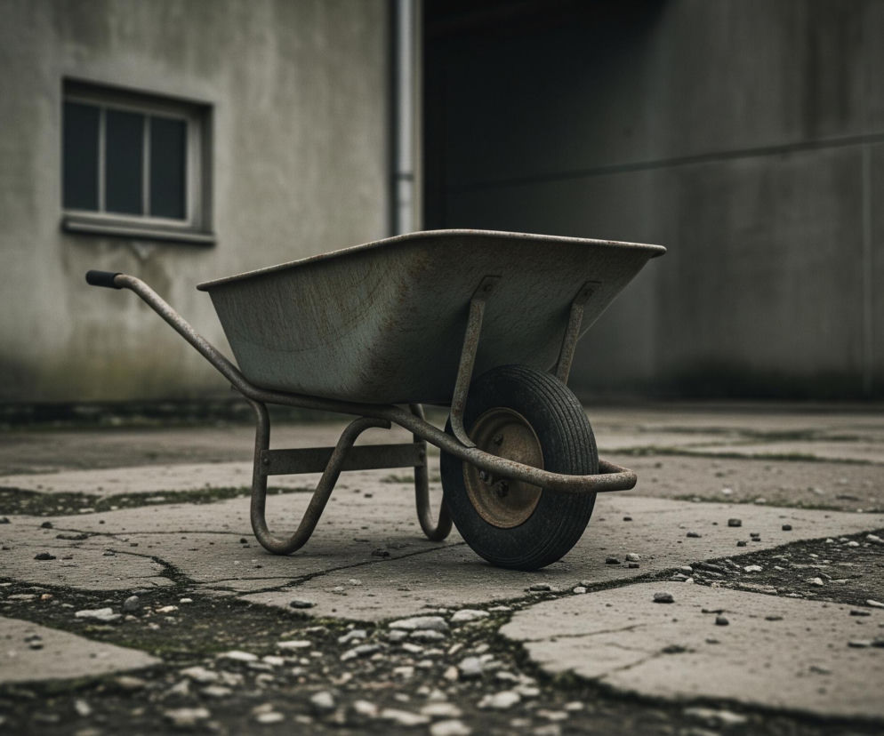 Stara, metalowa taczka stoi na spękanym betonowym placu. Jej misa jest turkusowa i pokryta rdzą, a metalowy stelaż oraz felga koła mają rdzawy, brązowy kolor. W tle widoczny jest fragment szarego budynku z prostokątnym oknem po lewej stronie oraz ciemne, puste wejście do innego budynku po prawej, tworzące kontrastujące tło. Cała scena utrzymana jest w stonowanych, szaro-zielonych barwach, z niewielkimi kępkami trawy przebijającymi się przez pęknięcia w betonie.