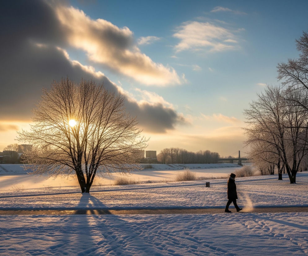Zimowy pejzaż rozświetlony promieniami słońca, nisko nad horyzontem po lewej stronie kadru, przebija się przez nagie gałęzie drzewa. Duża część nieba po lewej jest zasnuta ciemnymi chmurami, natomiast po prawej widnieje błękitne niebo z kilkoma jasnymi obłokami. W centrum obrazu, za drzewem, widać zamarzniętą rzekę lub jezioro oraz pas zabudowań na odległym brzegu, a dalej w tle, po prawej stronie, most. Pierwszy plan pokrywa gruba warstwa śniegu, z wyraźnymi śladami stóp, natomiast w środkowej części biegnie oświetlona droga, po której idzie samotna postać w ciemnej kurtce, otoczona delikatną mgiełką.