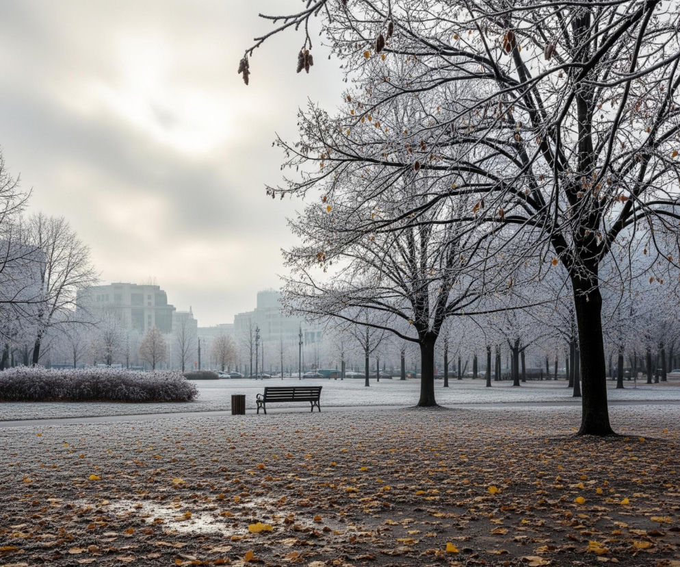 Zimowy park pokryty szronem i resztkami jesiennych liści rozciąga się pod zachmurzonym, jasnym niebem. Na pierwszym planie, po prawej stronie, dominuje rozłożyste drzewo z gałęziami pokrytymi białym szronem i pojedynczymi, brązowymi liśćmi. Cała powierzchnia gruntu jest usiana licznymi, suchymi, brązowo-żółtymi liśćmi, a w kilku miejscach widać kałuże z wodą. W centralnej części obrazu znajduje się ciemna ławka parkowa obok drewnianego kosza na śmieci, zaś za nimi rozciąga się aleja i pas gęstych krzewów, również pokrytych szronem. W oddali widoczne są szare budynki miejskie, a horyzont jest zamglony.