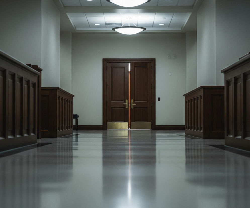 Korytarz oświetlony od góry, z brązowymi podwójnymi drzwiami na końcu. Obie strony korytarza wyznaczają długie, drewniane barierki w ciemnym odcieniu brązu. Podłoga jest jasnoszara i błyszcząca, odbijając światło z górnych lamp oraz elementy architektoniczne pomieszczenia. Sufit w jasnym kolorze, z wbudowanymi kwadratowymi panelami, zawiera trzy owalne, podłużne lampy wiszące, z których dwie są wyraźnie widoczne, oraz kilka mniejszych, okrągłych punktowych świateł.