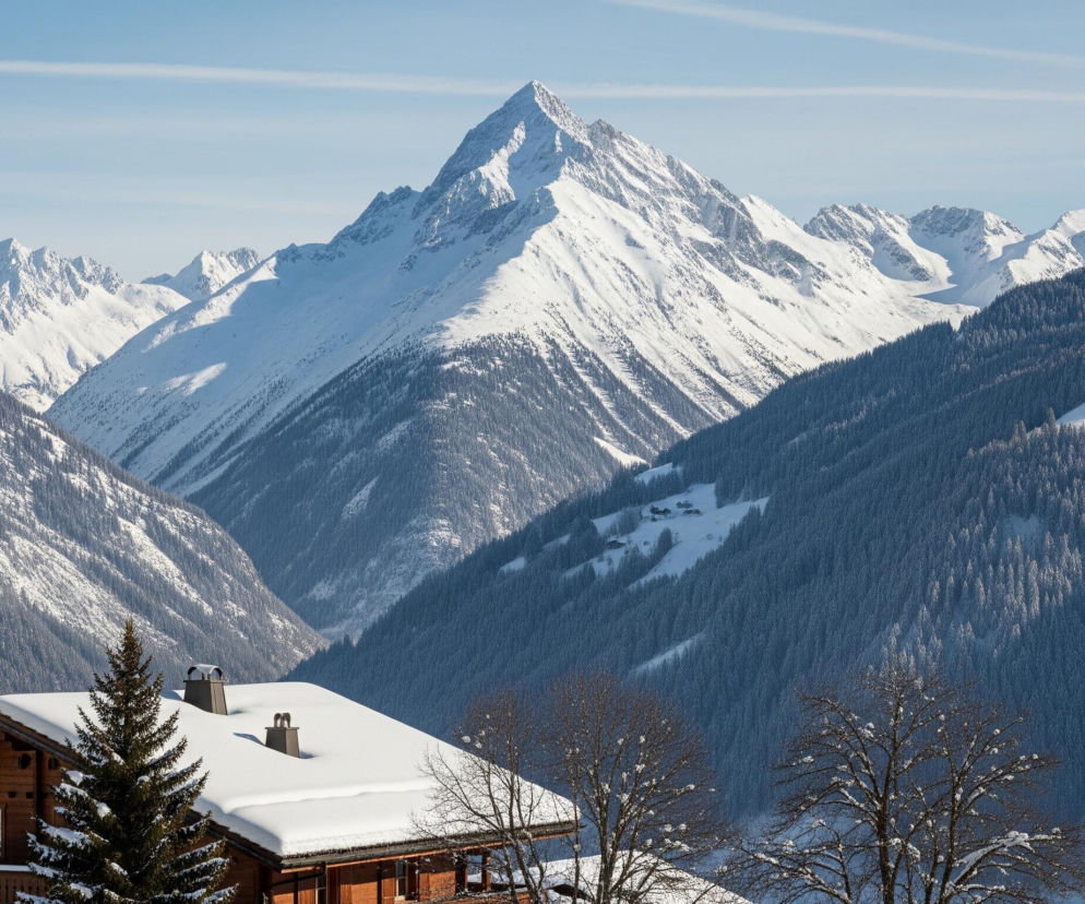 Głównym elementem obrazu jest ośnieżony szczyt górski, dominujący centralnie na horyzoncie, otoczony przez pasma górskie pokryte śniegiem i ciemnozielonymi lasami iglastymi. W dolnej części kadru znajduje się drewniany dom z brązowymi ścianami i brązowymi okiennicami, którego dach jest obficie pokryty białą warstwą śniegu, a z niego wystają dwa ciemne kominy. Przed domem rosną iglaste i liściaste drzewa, również pokryte białym śniegiem, w tle widoczne są dalsze zabudowania, również z ośnieżonymi dachami. Cała scena skąpana jest w zimowym słońcu pod jasnoniebieskim, bezchmurnym niebem z delikatnymi smugami.
