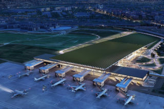 Wizualizacja terminala lotniska we Florencji z winnicą na dachu według projektu architekta Rafaela_Vinoly