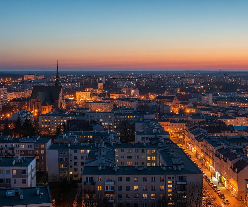Miasto w nocy rozciąga się pod pomarańczowo-niebieskim niebem, które przechodzi od jasnego błękitu na górze do głębokiego pomarańczu przy horyzoncie. Dominują niskie i średnie budynki mieszkalne z mnóstwem świecących okien, wskazujących na obecność ludzi. W centrum kadru wyróżnia się kościół z wysoką, spiczastą wieżą, a ulice są oświetlone ciepłym, żółtym światłem latarni, tworząc sieć świateł w całej przestrzeni.