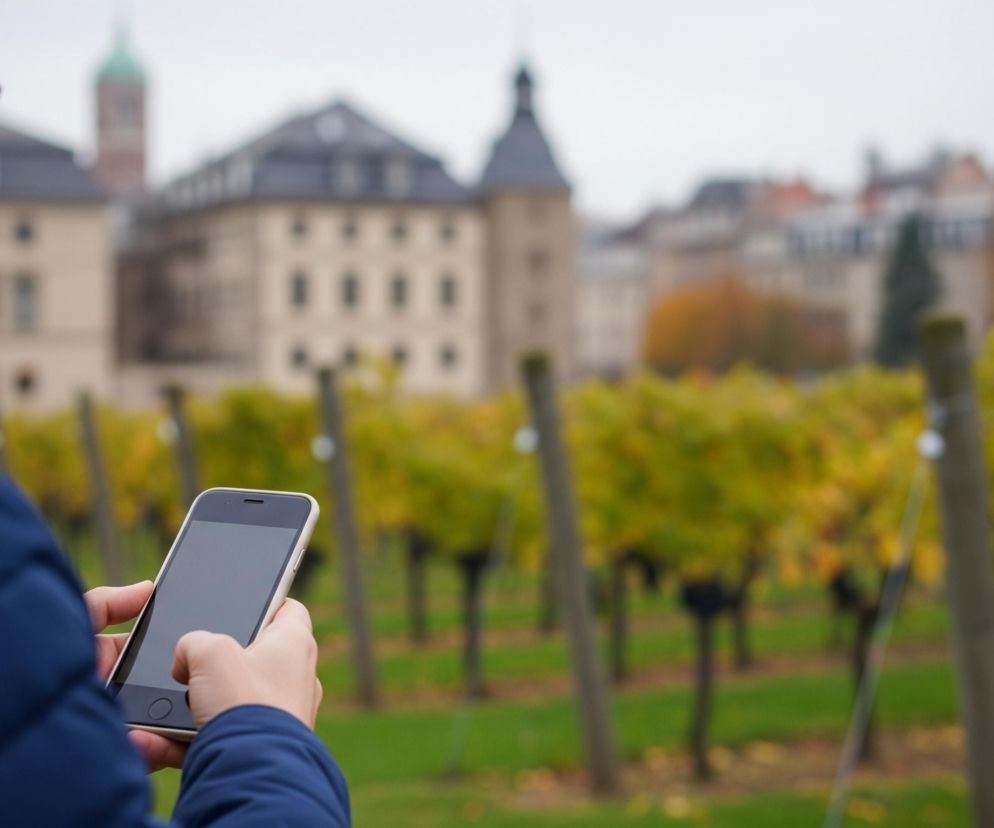 Mężczyzna w niebieskiej kurtce, z boku, trzyma w dłoniach smartfon z jasnoszarą obudową, jego wzrok skierowany jest na ekran. W lewej części obrazu widać fragment jego twarzy w okularach, a w odbiciu na szkłach okularowych zarys budynku. Tło stanowią rzędy winorośli z żółto-zielonymi liśćmi, rozciągające się na zielonej trawie. W oddali widoczne są rozmazane, jasnobrązowe budynki z ciemnymi dachami i wieżami, pod szarym, zachmurzonym niebem.