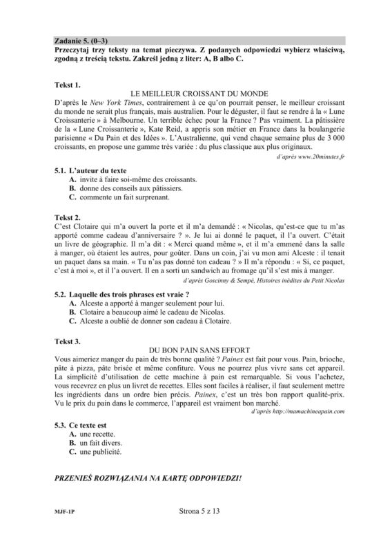 ARKUSZE CKE - Matura francuski - poziom podstawowy 2019