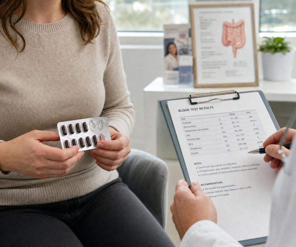 Pacjentka z lekiem w dłoni i lekarz z wynikami badań krwi. O diagnostyce jelit przy anemii czytaj w Poradniku Zdrowie.