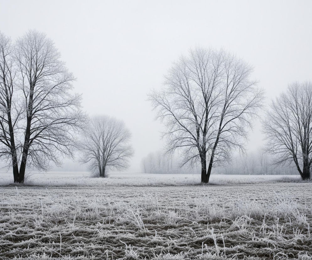 Cztery duże, pozbawione liści drzewa z ciemnymi pniami i gałęziami, pokrytymi szronem, stoją na linii poziomej na tle mglistego, białego nieba. Grunt pod drzewami to pole pokryte gęstą warstwą białego szronu, nadającemu trawie i resztkom roślinności srebrzysty, puszysty wygląd. W oddali, po prawej stronie, widać kolejne drzewa i zarys lasu, również spowitego mgłą.