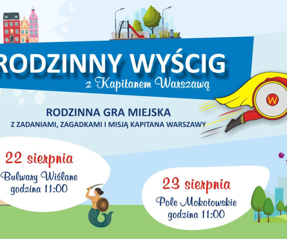 Plakat Rodzinnego Wyścigu z Kapitanem Warszawą. O grach miejskich w stolicy przeczytasz na mjakmama24.pl.
