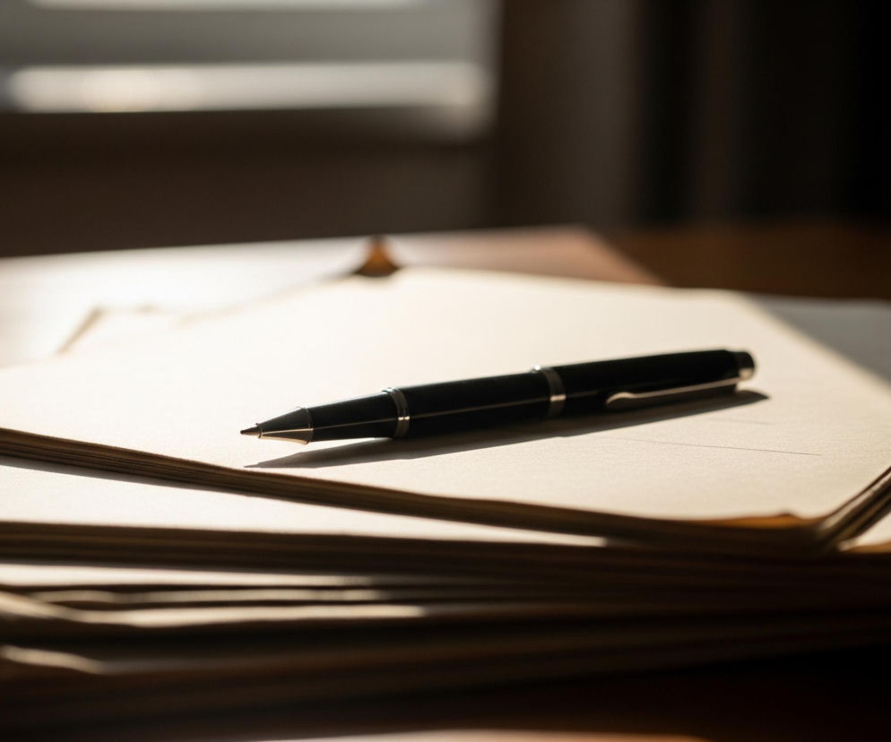 Na brązowym, drewnianym stole leży stos pożółkłych kartek papieru. Na wierzchu stosu, w centralnej części kadru, ułożony jest czarny długopis z metalowymi, srebrnymi elementami, skierowany czubkiem w lewą stronę. Fragment stosu kartek i długopis oświetlone są promieniami światła padającymi z górnej lewej strony, tworzącymi wyraźne cienie na kartkach i stole. Tło jest rozmyte, z widocznym w górnej części kadru ciemnym kształtem okna lub innej płaskiej powierzchni.