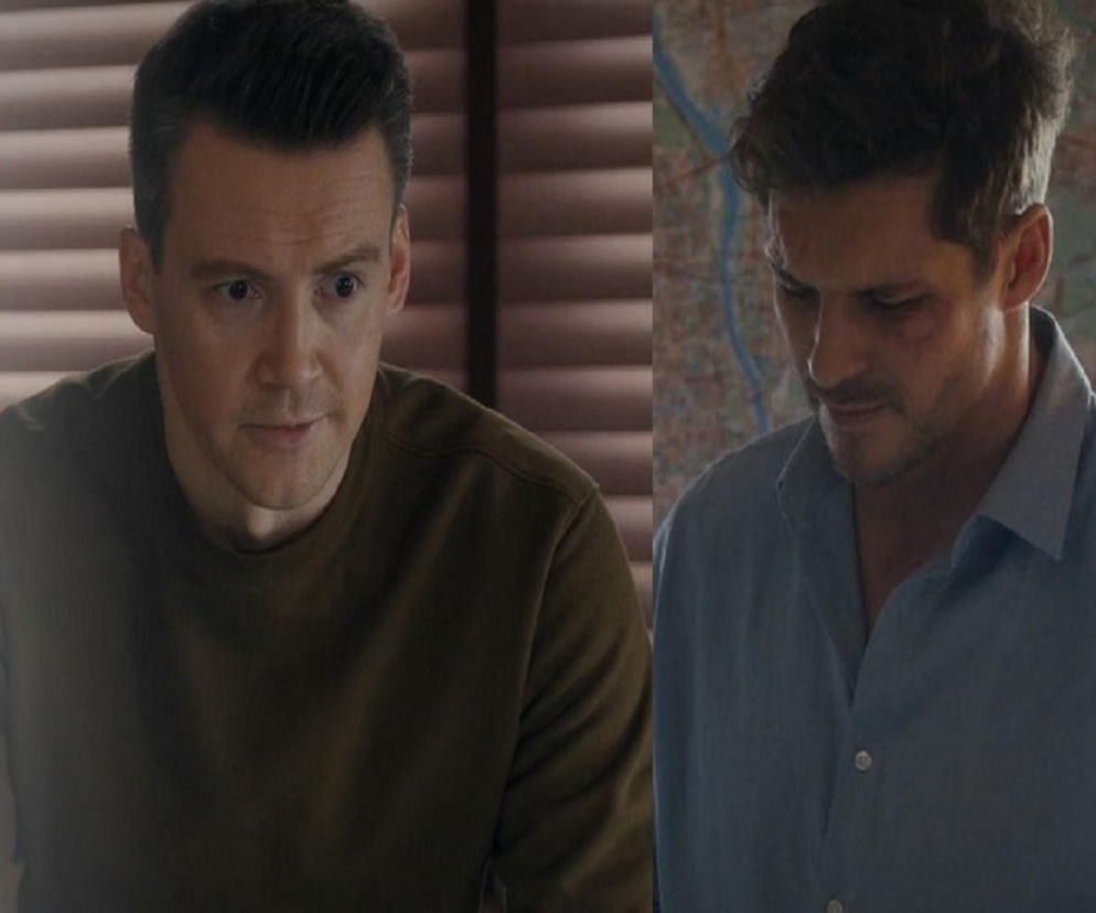 Mikołaj Roznerski (Marcin) w oliwkowej bluzie, patrzący w bok, oraz Krzysztof Kwiatkowski (Jakub) w niebieskiej koszuli z widocznym podbitym okiem, spuszczający wzrok. Scena z serialu M jak miłość przedstawia pożegnanie Marcina z agencją detektywistyczną. Więcej o ich losach znajdziesz na Super Seriale.