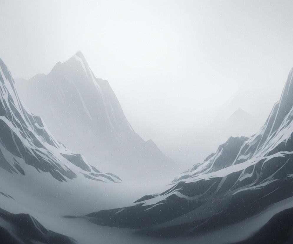 Krajobraz zimowy przedstawia masywne góry pokryte śniegiem i lodem, otoczone gęstą mgłą lub zamgleniem, rozciągającym się w dal. Sceneria utrzymana jest w chłodnych odcieniach szarości, bieli i bladego błękitu, z wyraźnymi kontrastami między ciemniejszymi partiami skał a jaśniejszymi, ośnieżonymi zboczami. Delikatne białe kropki, rozrzucone na całej powierzchni, sugerują padający śnieg lub drobinki lodu unoszące się w powietrzu. Horyzont jest niemal niewidoczny, zlewając się z jasnym, zamglonym niebem.