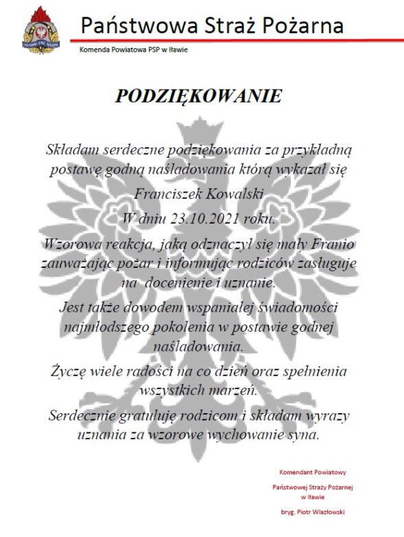 Franek zauważył pożar w Nowej Wsi. Strażacy mu podziękowali
