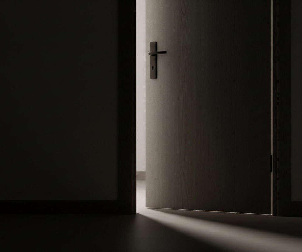 Ciemne, uchylone drzwi z czarną klamką i zamkiem ukazują fragment jasno oświetlonego pomieszczenia po prawej stronie. Promień światła rzuca ukośny cień na podłogę w ciemnym wnętrzu po lewej, tworząc wyraźny kontrast między ciemnością a jasnością. Tekstura drewna jest widoczna na powierzchni drzwi.