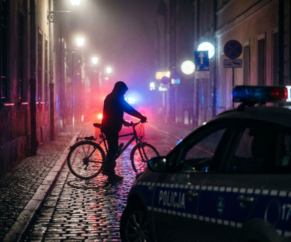 Sylwetka mężczyzny z rowerem i radiowóz policyjny w nocy