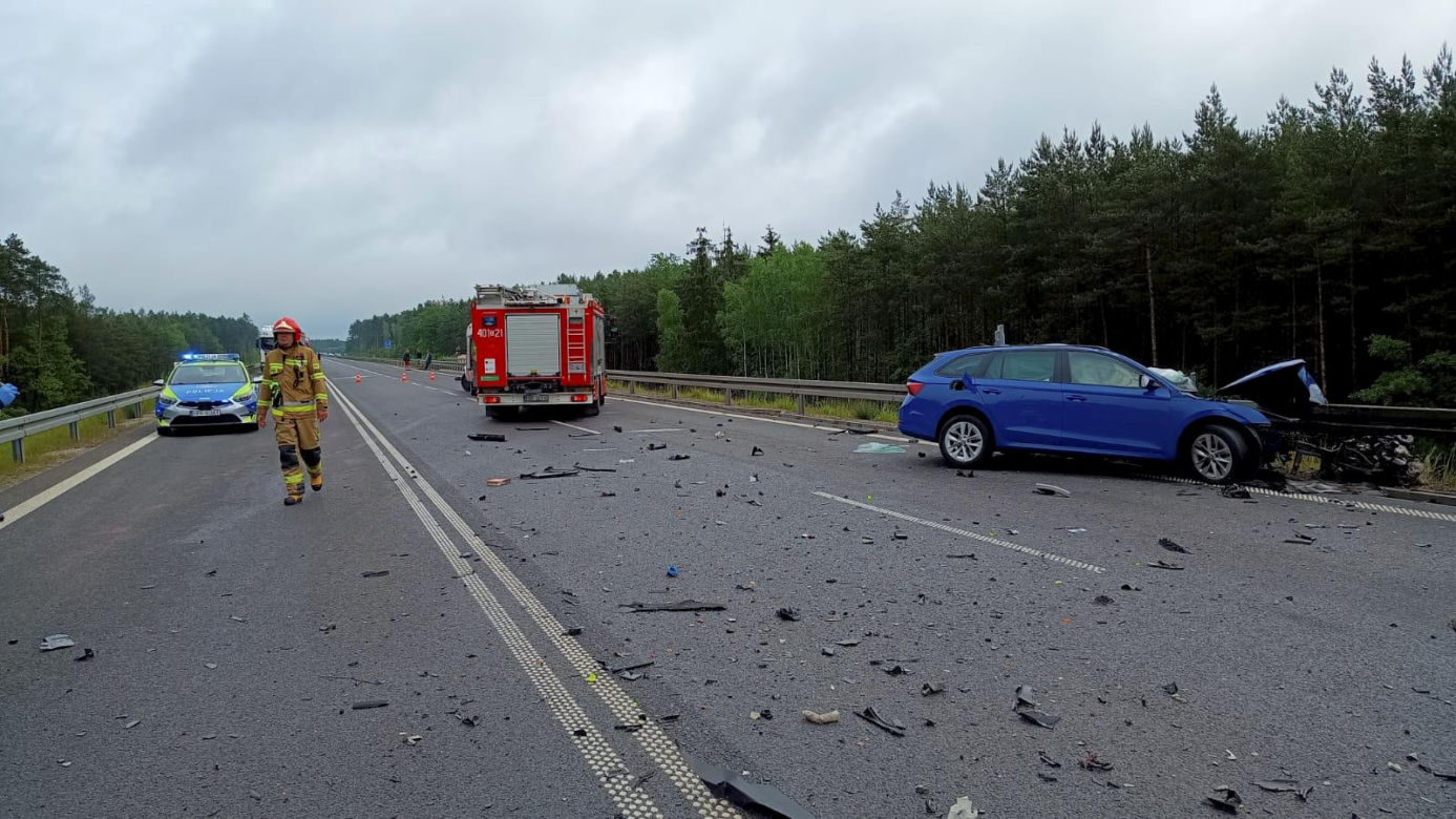 Śmiertelny wypadek pod Bełchatowem. Kierowca osobówki nie żyje, ciężarówka spłonęła [ZDJĘCIA].