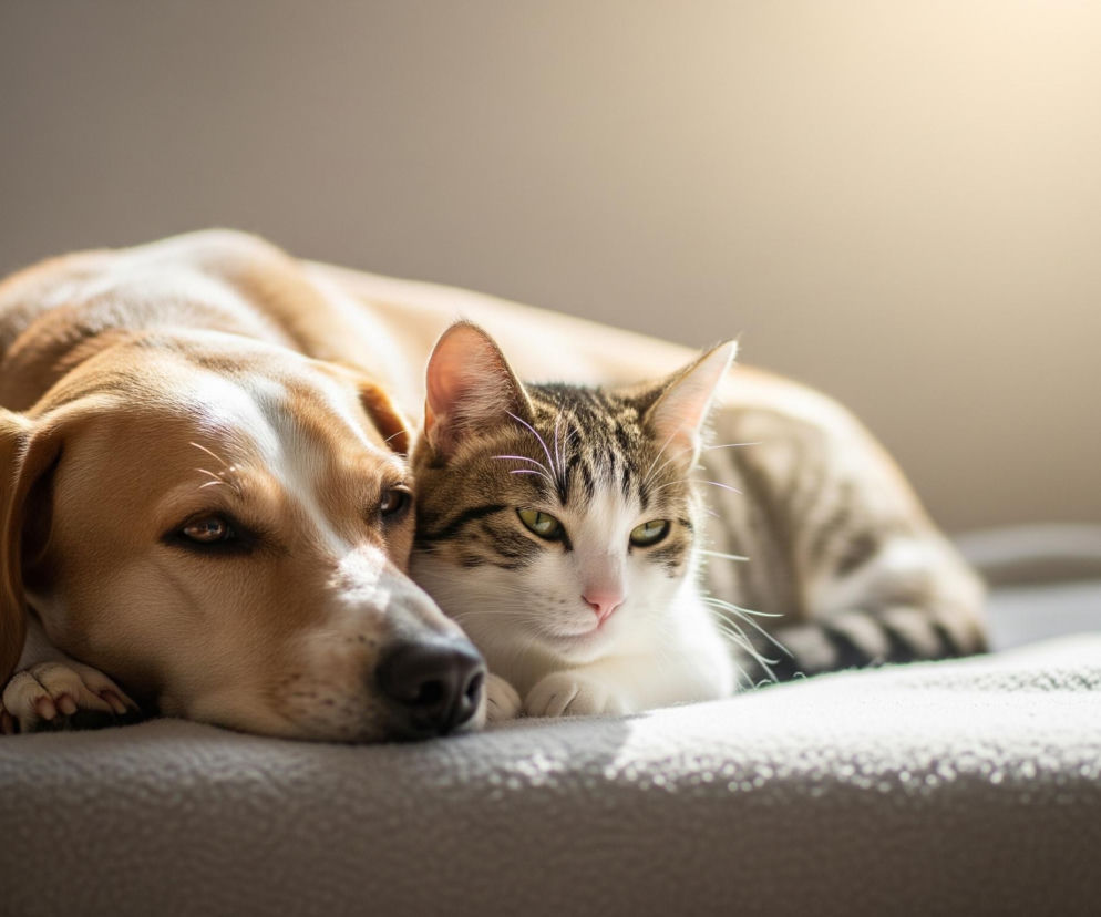 Na jasnoszarym, teksturowanym kocu leżą obok siebie pies i kot, rozgrzewani promieniami słońca padającymi z prawego górnego rogu. Pies o brązowo-białej sierści ma głowę opartą na przednich łapach, a jego oczy są lekko przymknięte. Obok niego, nieco z przodu, leży pręgowany kot o białej piersi i zielonych oczach, z białymi wąsami. Obaj wyglądają na zrelaksowanych, z tłem w odcieniach beżu i szarości.