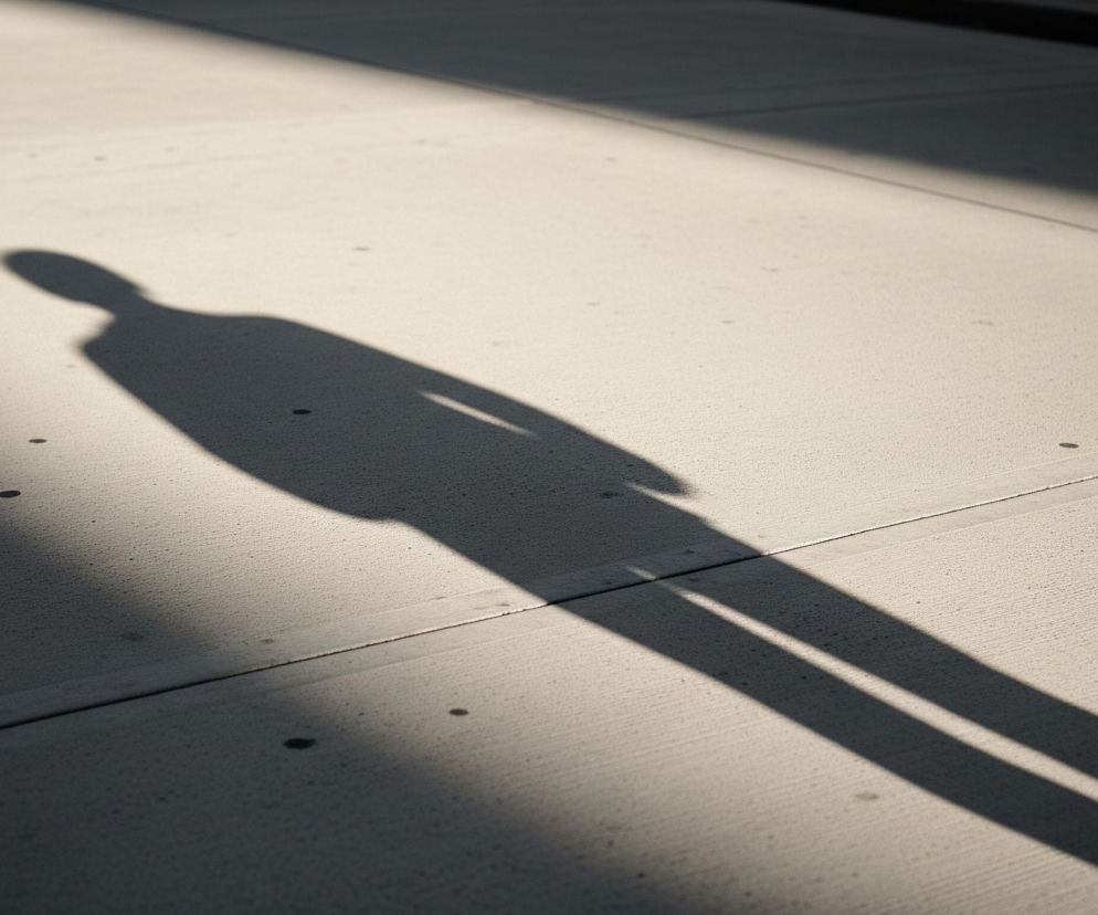 Na betonowym chodniku pada długi cień ludzkiej postaci, zwróconej w prawo. Cień jest ciemnoszary, a jego kontury są wyraźne. Chodnik jest jasnoszary, pokryty drobnymi nierównościami i nielicznymi ciemnymi plamami. W tle, w górnej części obrazu, widoczny jest obszar całkowitego cienia, przypominający ścianę budynku, od której na chodnik pada pas światła.