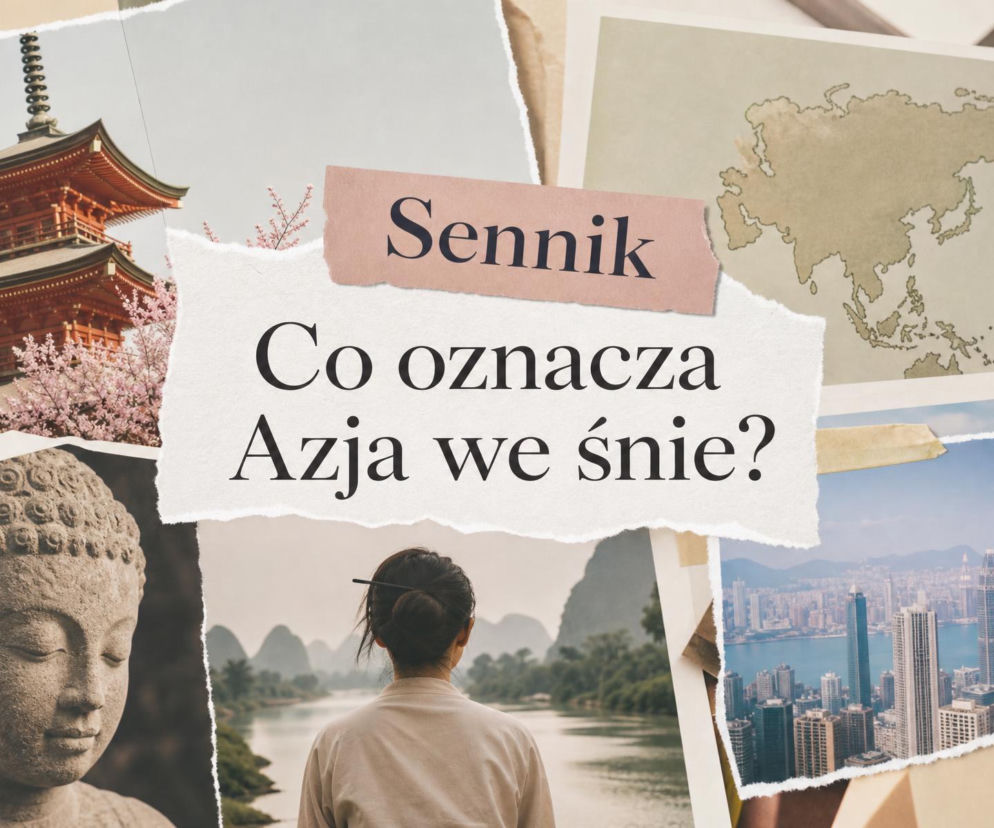 Kobieta patrząca na rzekę i góry. Obok zdjęcia świątyni, Buddy i mapy. O snach o Azji przeczytasz na SE.