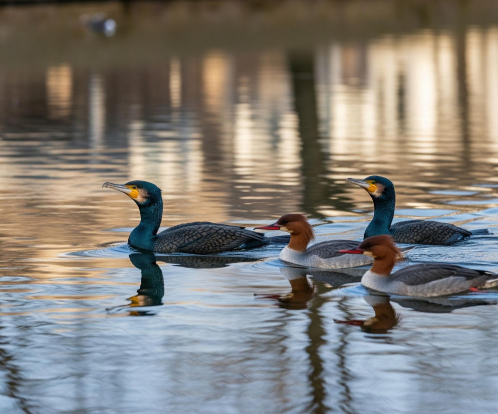 Cztery ptaki pływają po spokojnej wodzie, tworząc delikatne fale. Dwa kormorany o ciemnym, łuskowatym upierzeniu i żółto-pomarańczowych dziobach znajdują się z tyłu, jeden po lewej, drugi po prawej stronie kadru. Przed nimi, w centrum i po prawej, płyną dwie kaczki z rudobrązowymi głowami i szyjami, szarymi tułowiami oraz czerwonymi dziobami. Na wodzie odbija się złotawo-beżowe światło, z widocznymi rozmazanymi refleksami drzew lub budynków.