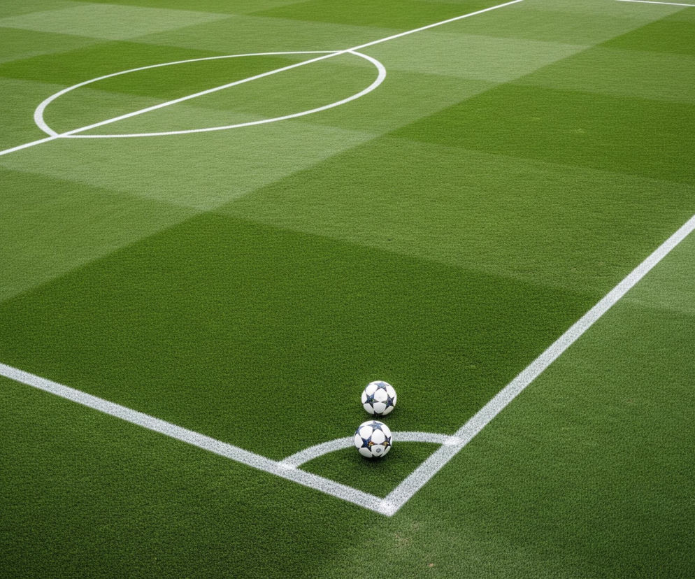 Zielone boisko sportowe pokryte jest sztuczną murawą, widoczne są na nim białe linie. W prawym dolnym rogu obrazu znajdują się dwie czarno-białe piłki futbolowe, umieszczone w obszarze rogu boiska, gdzie białe linie tworzą kąt prosty i fragment okręgu. Pasy murawy, zarówno jaśniejsze, jak i ciemniejsze odcienie zieleni, układają się naprzemiennie na całej powierzchni boiska. Na pierwszym planie, w dolnej części obrazu, widoczne są drobne nierówności lub zabrudzenia na murawie.