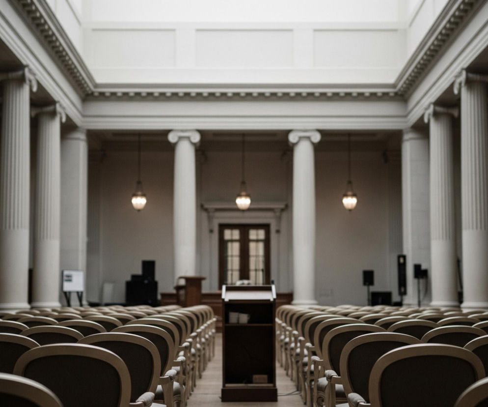 Widoczne jest wnętrze dużej sali z rzędami pustych krzeseł w dolnej części obrazu. Krzesła mają jasne, drewniane ramy i ciemne obicia, skierowane są w stronę mównicy stojącej na środku, przed rzędami siedzeń. Tło stanowi przestronne pomieszczenie o wysokim suficie i jasnych ścianach, ozdobione kolumnami z korynckimi kapitelami po obu stronach. Pomiędzy kolumnami zawieszone są trzy wiszące lampy, emitujące ciepłe, pomarańczowe światło. Na przeciwległej ścianie znajduje się duże, ciemne drewniane wejście z oszklonymi drzwiami.