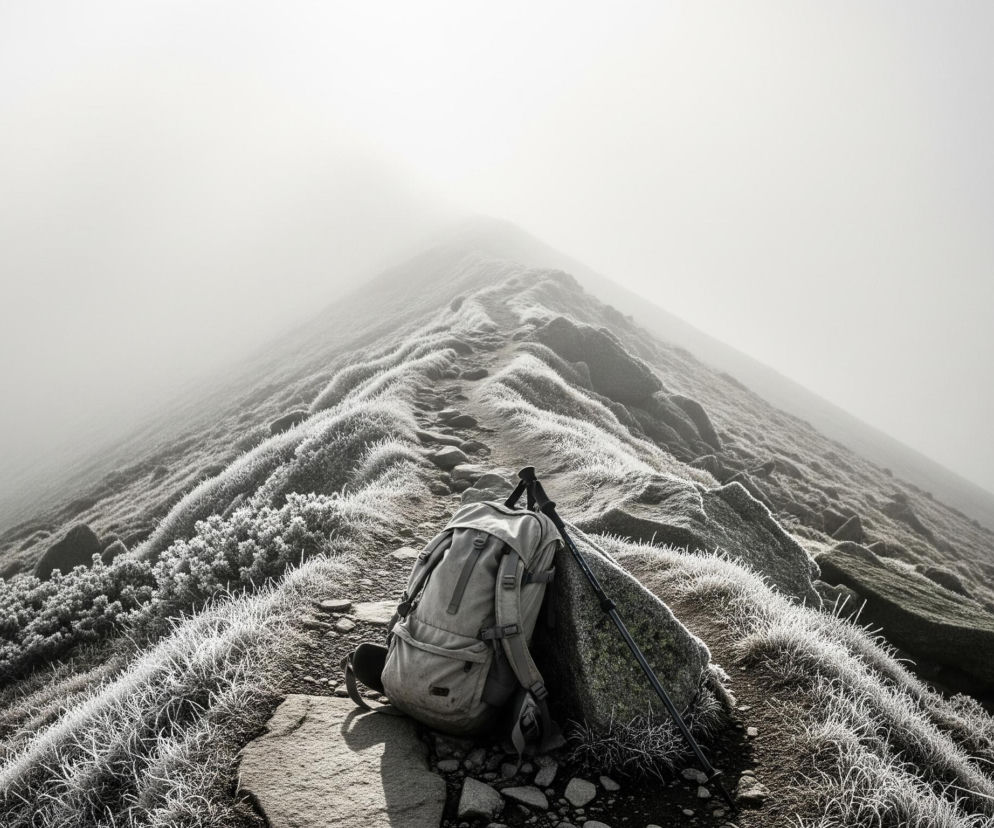 Na pierwszym planie, po prawej stronie, leży beżowy plecak turystyczny, oparty o duży, ciemny kamień. Obok plecaka stoi czarny kij trekkingowy. Wokół nich rosną szarozielone kępy traw i małych krzewów pokrytych szronem, a także rozsypane są mniejsze kamienie. Za plecakiem wije się wąska, kamienista ścieżka prowadząca na pokryty roślinnością grzbiet góry, który ostro wznosi się i zanika w gęstej, jasnej mgle na horyzoncie.