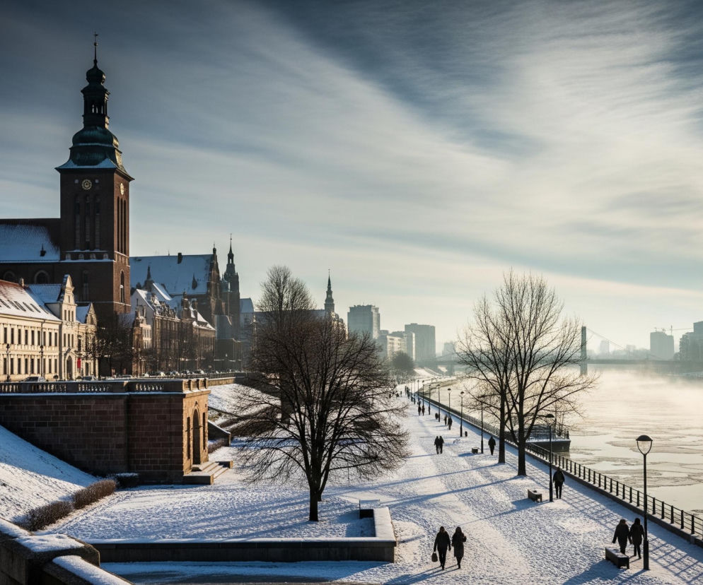 Głównym obiektem jest rozległy zimowy pejzaż miejski, przedstawiający szeroką rzekę częściowo pokrytą lodem, z zamglonym prawym brzegiem i wyraźnym lewym brzegiem z zabytkowymi budynkami. Na pierwszym planie, po lewej stronie, rozciąga się zaśnieżony, ceglany mur oporowy i zbocze, a dalej widać wysoki, ceglany kościół z zielonym, spiczastym dachem wieży, pokrytym śniegiem, otoczony innymi historycznymi budynkami również pokrytymi białym puchem. Wzdłuż rzeki, po lewej stronie, ciągnie się zaśnieżona ścieżka dla pieszych, na której spacerują pojedyncze postacie oraz grupy osób, oświetlone promieniami nisko wiszącego słońca, rzucającego długie cienie na białą powierzchnię. Po prawej stronie, w oddali, rysują się kontury współczesnych budynków, przysłoniętych lekką mgłą unoszącą się nad rzeką, a horyzont rozświetlają złocisto-białe barwy wschodzącego słońca na błękitnym niebie z delikatnymi chmurami.