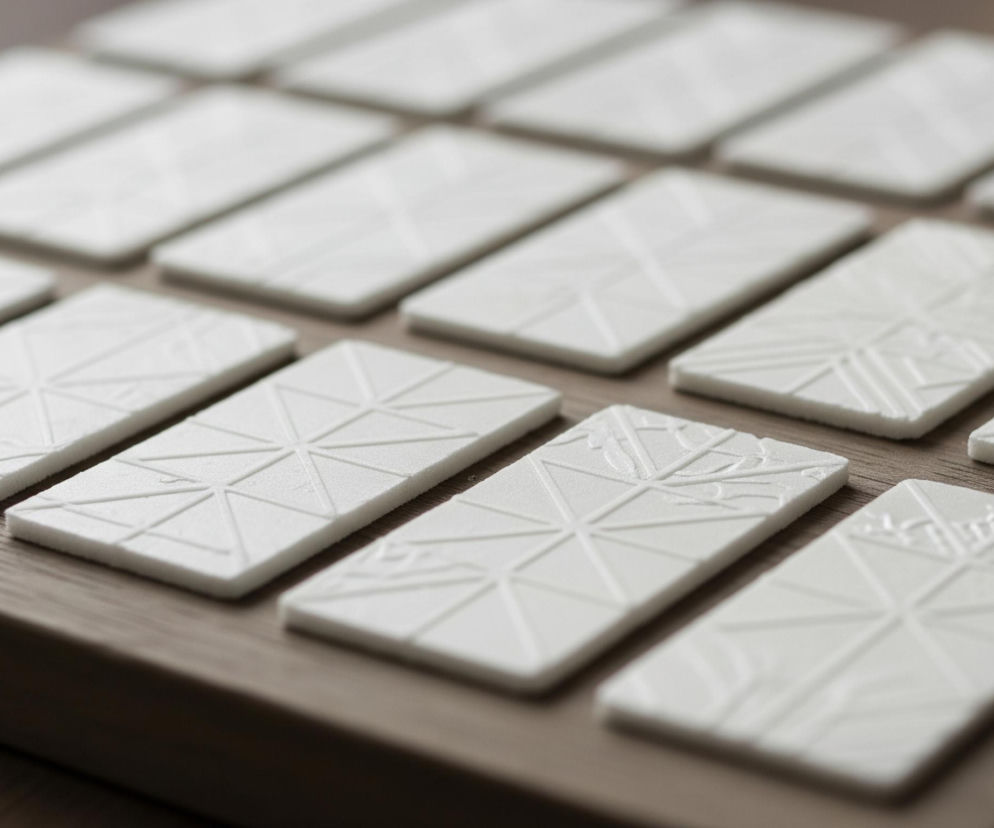 Na drewnianej, brązowej desce ułożone są w rzędach prostokątne białe płytki. Płytki mają nieregularne wzory geometryczne i liściaste, niektóre są lekko rozmyte. Deska ma wyraźną fakturę słojów drewna. Całość jest dobrze oświetlona, co podkreśla biały kolor płytek.