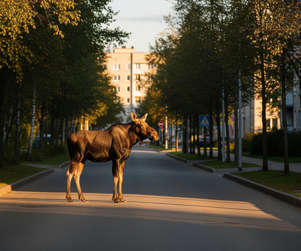 Łoś o ciemnobrązowym futrze stoi na środku asfaltowej drogi, zwrócony w prawo. Słońce świeci z lewej strony, tworząc długie cienie na drodze i oświetlając fragmenty zwierzęcia oraz drzewa rosnące po bokach ulicy. Po obu stronach drogi ciągną się rzędy drzew o zielonych liściach, a za nimi widoczne są fragmenty budynków mieszkalnych. W tle po lewej stronie drogi widać zaparkowane samochody, a po prawej znak drogowy ze znakiem przejścia dla pieszych.