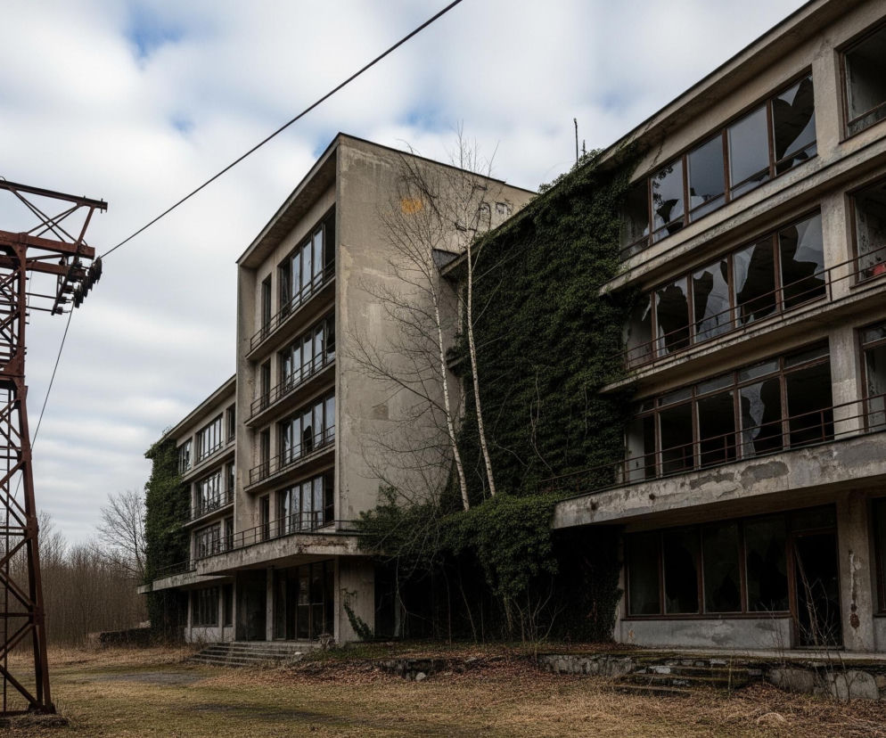 Na pierwszym planie, po lewej stronie, widoczna jest wysoka, zardzewiała konstrukcja stalowa w kolorze brunatno-rdzawym, przypominająca wieżę wyciągu krzesełkowego, z rozpiętymi od niej kablami. Dalej, po prawej stronie, dominuje duży, opuszczony, betonowy budynek o szarych ścianach, z licznymi, potłuczonymi oknami i ramami okiennymi w kolorze ciemnego drewna lub metalu. Na jednej ze ścian budynku intensywnie zielony bluszcz pnący się w górę, a wokół niego rosną nagie drzewa o białych pniach i brunatnych gałęziach. Całość znajduje się na tle zachmurzonego nieba, z widocznymi jasnymi i ciemnymi chmurami.