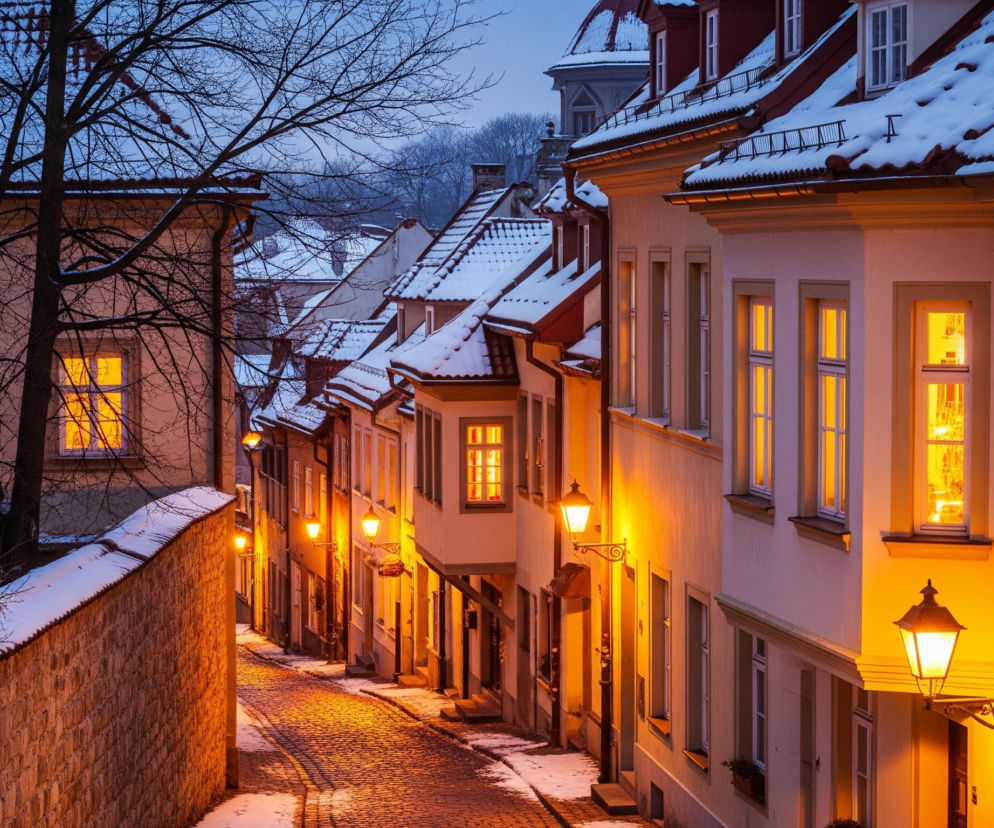 Brukowana, śnieżna ulica, oświetlona ciepłym, pomarańczowym światłem, zakręca w prawo, prowadząc w głąb perspektywy. Po prawej stronie wznosi się rząd zabytkowych, dwupiętrowych kamienic z jasnymi fasadami i oknami emanującymi jaskrawym, żółto-pomarańczowym blaskiem, a ich dachy pokryte są grubą warstwą białego śniegu i częściowo czerwonymi dachówkami. Wzdłuż ulicy rozmieszczone są uliczne latarnie, rzucające intensywne, złote światło na chodnik i ściany budynków. Po lewej stronie ulicy widać kamienny mur z czerwoną opaską u góry, również przykryty śniegiem, a dalej duże, bezlistne drzewo o ciemnych gałęziach.