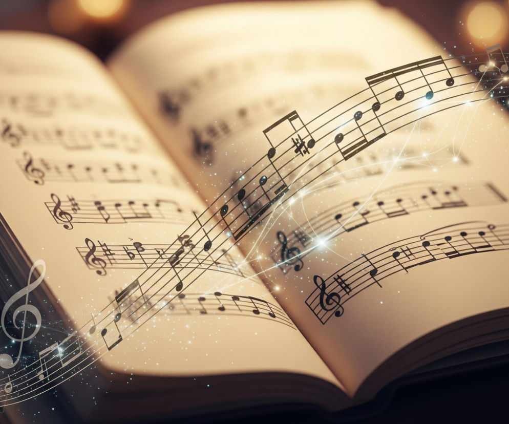 Otwarty zeszyt nutowy, leży na ciemnym tle, a jego beżowe kartki pokryte są czarnymi symbolami muzycznymi. Z zeszytu unoszą się półprzezroczyste, białe i jasnożółte nuty, połączone cienkimi, świetlistymi liniami i małymi, migoczącymi punktami, tworząc dynamiczną kompozycję. W tle, na brązowym rozmazanym tle, widoczne są rozmyte, okrągłe światła w odcieniach pomarańczu i żółci, dodając głębi i ciepła scenie.