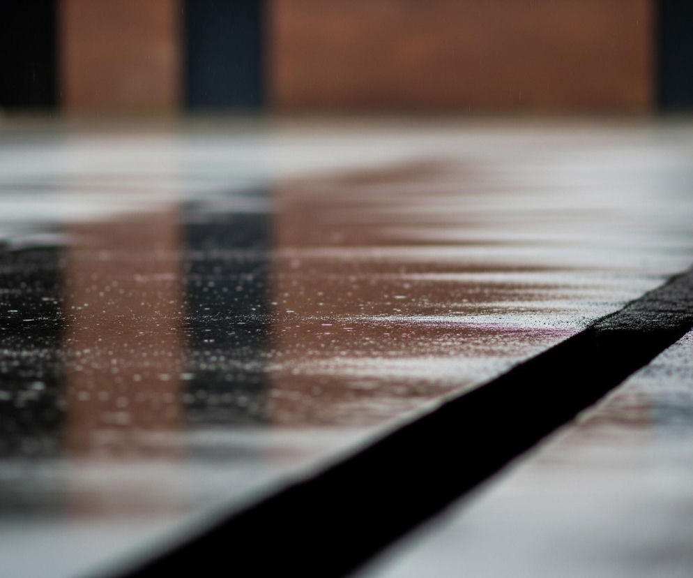 Na pierwszym planie widoczna jest mokra, błyszcząca powierzchnia, pokryta licznymi drobnymi kroplami wody, która rozciąga się od lewej do prawej strony. Przez środek tej powierzchni biegnie ciemna, szeroka linia lub rynna, zwężająca się ku górze. W tle, po lewej stronie, rozmyte czerwone i niebieskie światła odbijają się w kałużach, tworząc wydłużone smugi kolorów. Dalsze tło stanowią rozmazane, ceglane ściany i ciemne otwory, prawdopodobnie wejścia, z pionowymi elementami po prawej stronie.