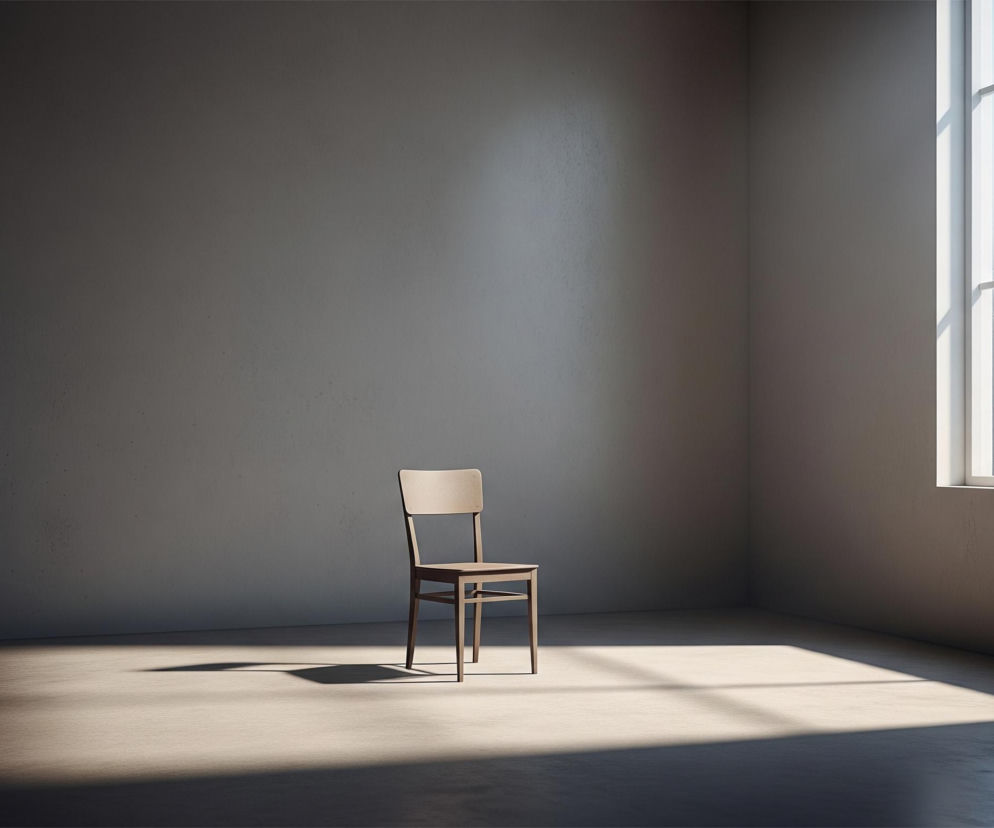 Wnętrze prostego pokoju z betonowymi ścianami i podłogą, oświetlone promieniami słońca wpadającymi przez duże okno. Na środku stoi pojedyncze, drewniane krzesło w jasnobrązowym kolorze, rzucające długi cień na podłogę. Światło słoneczne tworzy wyraźne pasma jasności i cienia na całej powierzchni pomieszczenia, a przez szyby widać krople deszczu.