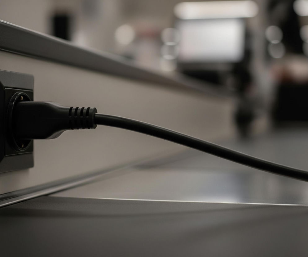 Czarny, karbowany kabel wychodzi z gniazdka elektrycznego umieszczonego w jasnej ścianie, biegnąc poziomo przez centralną część kadru. Gniazdko ma czarną obwódkę, a za kablem, na tle rozmytych kształtów oświetlenia, widoczna jest szara, metaliczna półka. Górna krawędź ściany jest również czarna, a tło pozostaje nieostre, skupiając uwagę na pierwszym planie.