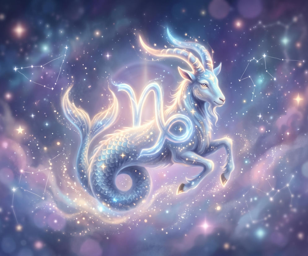 Mityczny koziorożec z ogonem ryby na tle gwieździstego nieba z symbolem zodiaku. O horoskopie przeczytasz w serwisie Eska.