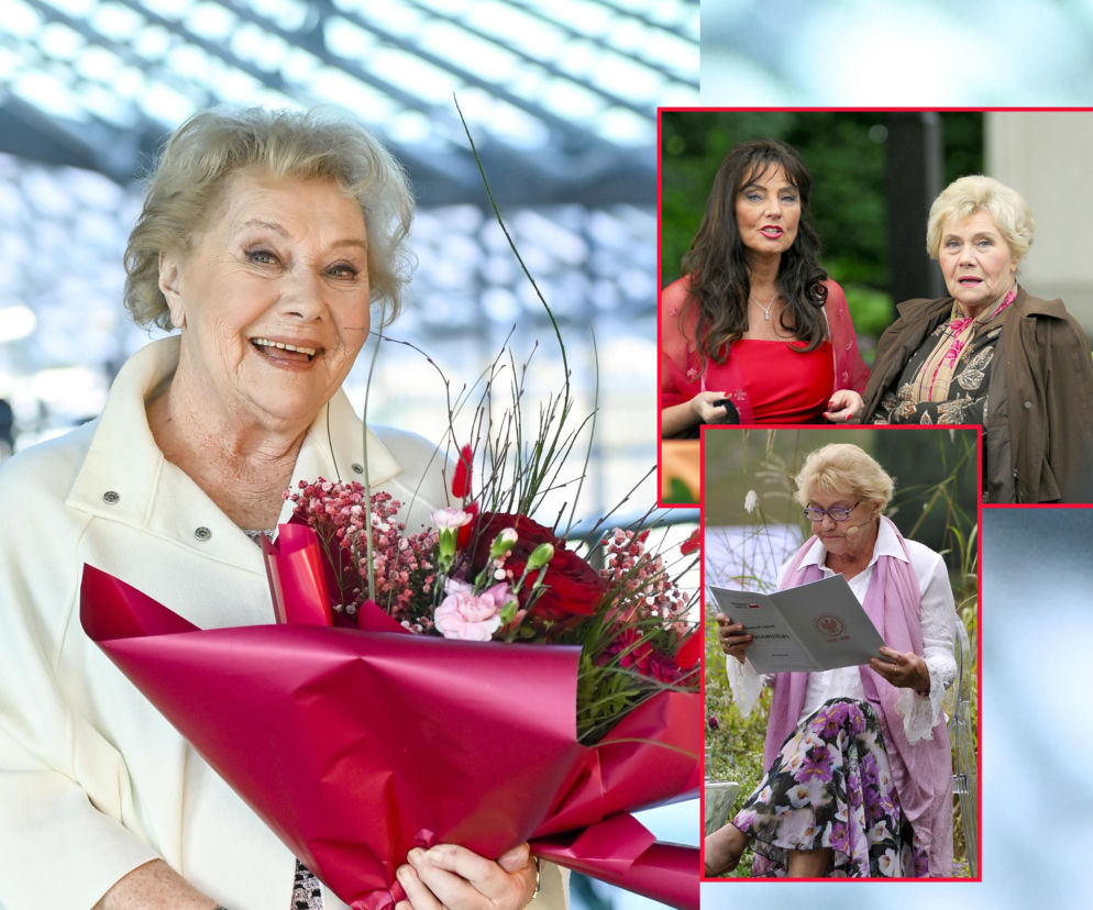 Uśmiechnięta Teresa Lipowska z bukietem kwiatów. Na miniaturkach obok dwie inne fotografie aktorki. Więcej na SE.
