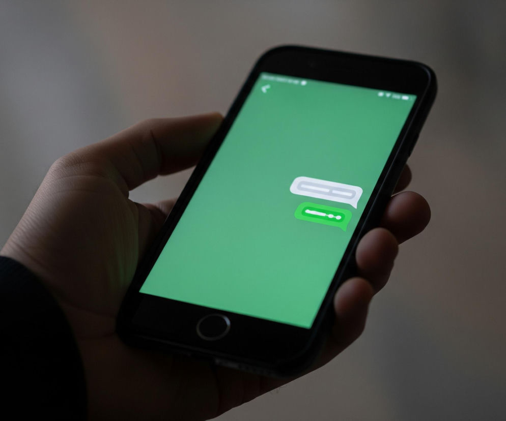 Czarna ramka smartfona z włączonym ekranem w kolorze jasnozielonym jest trzymana w lewej dłoni. Na ekranie widać dwa dymki czatu: jeden szary, wychodzący od osoby po lewej, i jeden jasnozielony z trzema kropkami, symbolizujący pisanie odpowiedzi. W lewym górnym rogu ekranu znajduje się biała strzałka w lewo, a w prawym górnym rogu ikony wskazujące stan sieci, Wi-Fi i baterii. Dłoń oraz część ramienia w ciemnym rękawie zajmują dolną i lewą część kadru, a tło jest rozmazane, utrzymane w odcieniach szarości.