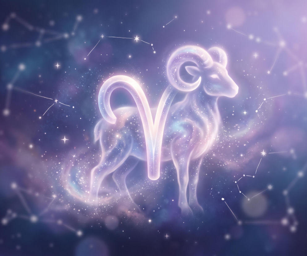 Świecący symbol znaku zodiaku Baran na tle gwieździstego nieba. Horoskop dzienny dla Barana sprawdzisz w serwisie Eska.