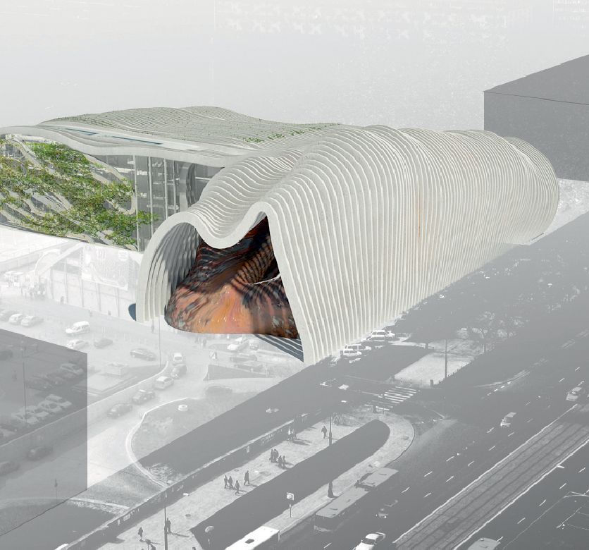 Wyróżnienie. Autorzy: Adam Tyliszczak, Bartlomiej Martens; Mateusz Wójcicki, Jan Bagiński, Łukasz Świniarski, Paweł Kowalewski, Polska. Koncepcja architektoniczna Muzeum Sztuki Nowoczesnej w Warszawie