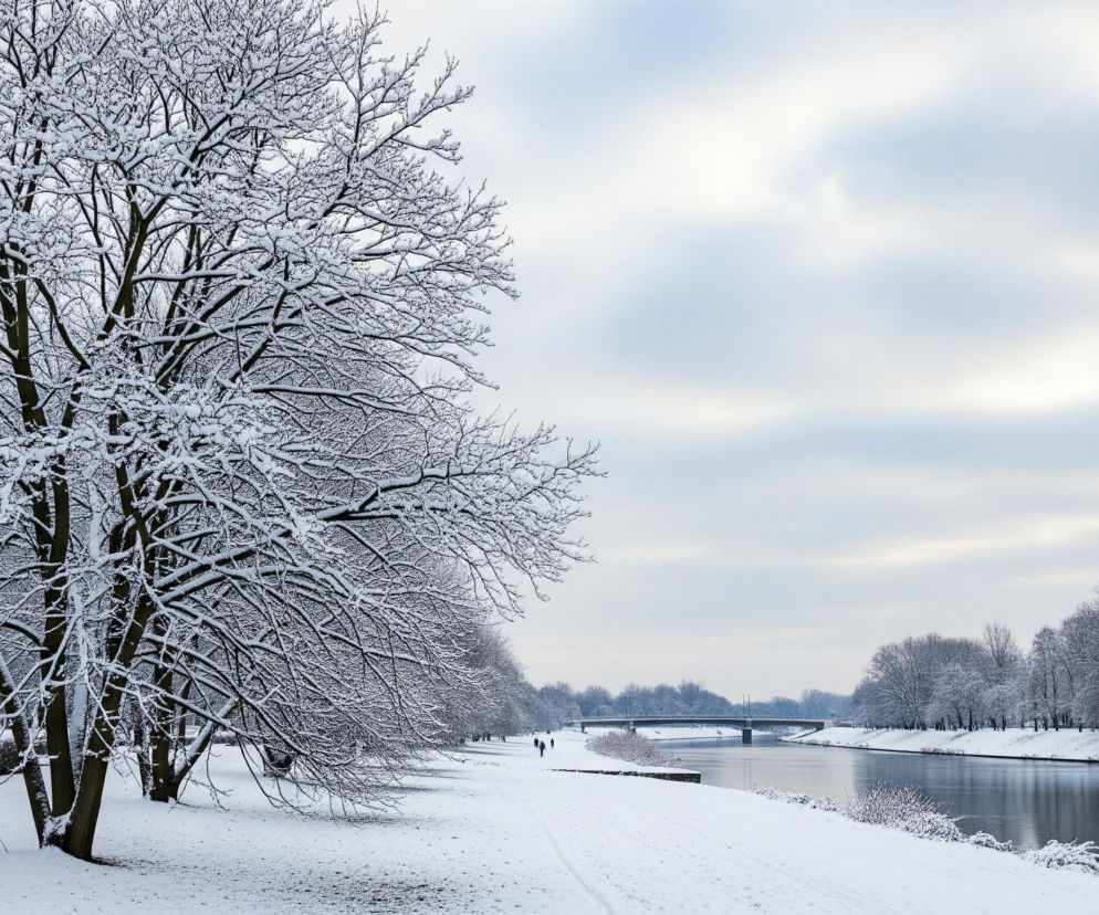 Zamarznięte drzewa, pokryte grubą warstwą śniegu, dominują po lewej stronie kadru, ich gałęzie tworzą gęsty, biały wzór na tle jasnego, zachmurzonego nieba. Poniżej, wzdłuż lewego brzegu rzeki, rozciąga się zaśnieżony teren z widocznymi śladami stóp i krzewami, częściowo przysypanymi puchem. Nurt rzeki, odzwierciedlający blade niebo, płynie spokojnie przez środek obrazu, prowadząc wzrok do dalekiego, niskiego mostu i zalesionego, zaśnieżonego prawego brzegu z widocznymi budynkami w oddali.
