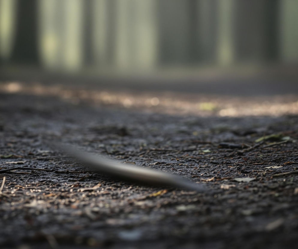 Pierwszy plan przedstawia ziemię pokrytą ciemnobrązową glebą, z drobnymi kamyczkami, suchymi liśćmi i patykami. Wyróżnia się na niej rozmyta, podłużna, jasnoszara forma, sugerująca ruch. Na dalszym planie, poza ostrością, rozciąga się leśna ścieżka, a za nią widać niewyraźne, pionowe kształty drzew o jasnych, zielonkawo-szarych pniach, tworzących mglistą scenerię. Całość jest oświetlona światłem wpadającym z góry, tworzącym rozświetlone plamy na ziemi i w tle.