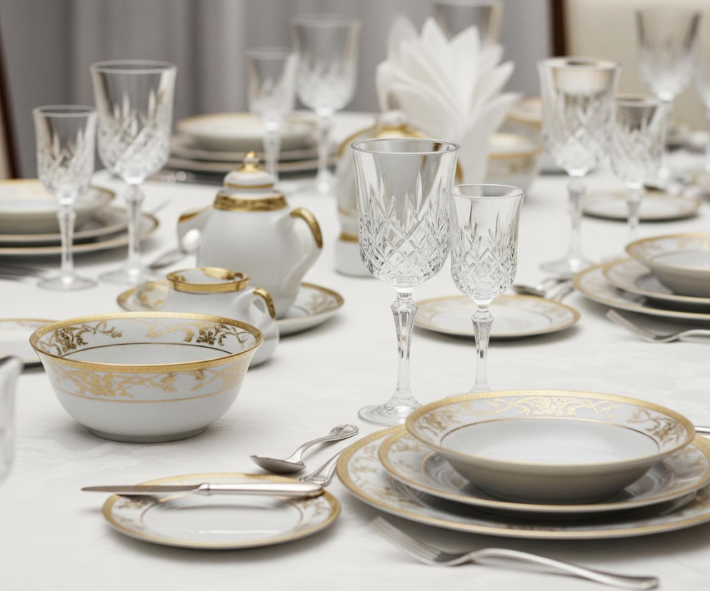 Stół przykryty białym obrusem z delikatnym wzorem jest zastawiony elegancką zastawą stołową. Widoczne są zestawy talerzy, głębokich misek i szklanek z kryształowymi zdobieniami, w kolorystyce bieli ze złotymi obwódkami i dekoracyjnymi wzorami. Na środku stołu stoi biały imbryk ze złotymi akcentami oraz serwetnik z białymi serwetkami złożonymi w wachlarz. W tle widać fragmenty krzeseł z jasnymi oparciami oraz niewyraźne zasłony.