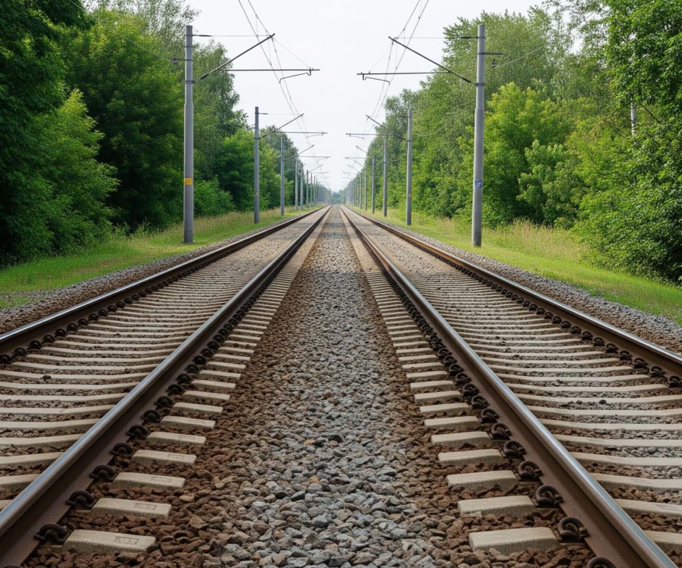 Na pierwszym planie widoczne są dwa tory kolejowe, składające się z metalowych szyn i betonowych podkładów, spoczywające na szarym żwirze. Tory rozciągają się w dal, zbiegając się w kierunku horyzontu. Po obu stronach torów rozciągają się bujne, zielone drzewa i krzewy, tworzące gęstą ścianę roślinności. Między torami a drzewami widać pas zielonej trawy i niższej roślinności. Nad torami unosi się sieć trakcyjna, podtrzymywana przez szereg szarych słupów rozmieszczonych wzdłuż torowiska.