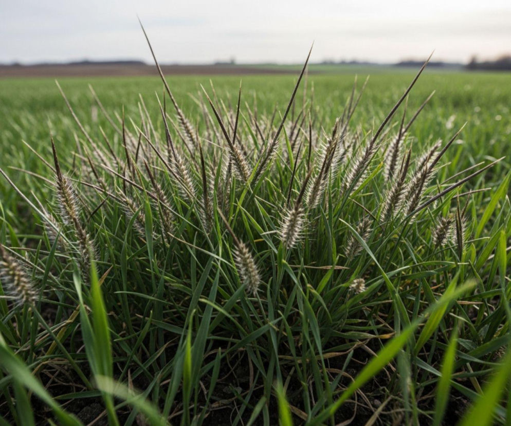 Miotła zbożowa na polu pszenicy ozimej, symbolizująca wyzwanie dla rolników w walce z odpornymi chwastami. Skuteczne zwalczanie jest kluczowe dla rentowności upraw, o czym możesz przeczytać więcej na portalu Super Biznes.