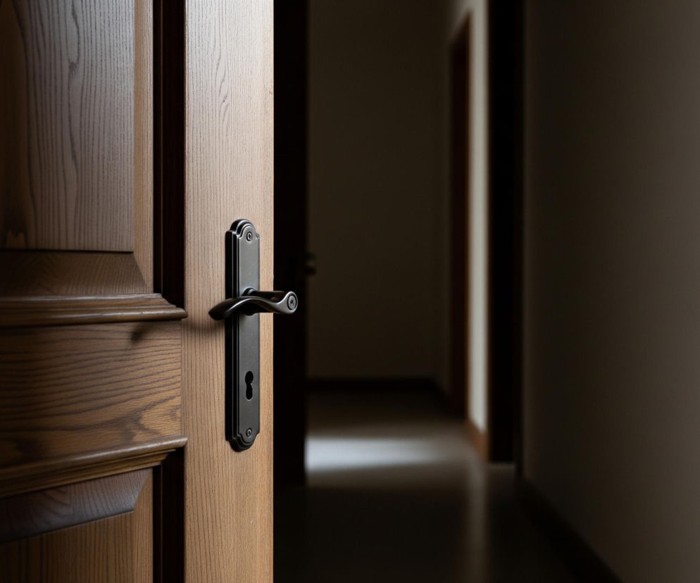 Półotwarte drewniane drzwi z widocznym usłojeniem zajmują lewą stronę obrazu. Drzwi mają ciemny, metalowy uchwyt z zamkiem na klucz. Światło pada na prawą krawędź otwartych drzwi, oświetlając uchwyt i tworząc jaśniejszy pasek drewna. Za drzwiami rozciąga się ciemny korytarz z niewielką ilością światła na podłodze. Ściana po prawej stronie jest jednolicie ciemna, natomiast po lewej stronie, za otwartymi drzwiami, widać fragment następnych, równie ciemnych, drzwi.