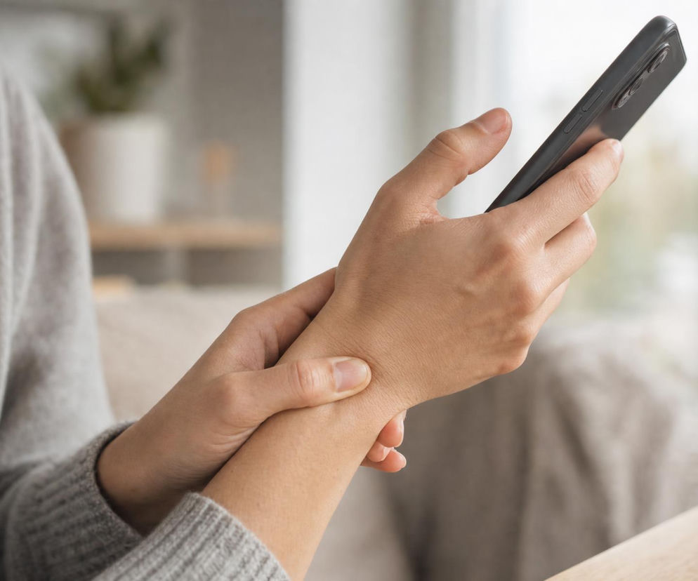 Osoba trzymająca smartfon masuje kciukiem swój bolący nadgarstek. O przyczynach bólu przeczytasz na Poradnik Zdrowie.