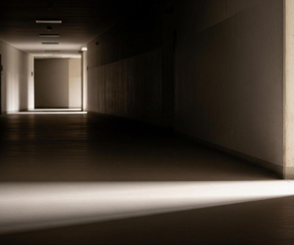 Długi, ciemny korytarz dominuje w kadrze, rozświetlony jedynie przez wąskie snopy światła. Główny snop światła biegnie od prawej strony obrazu, przecinając podłogę po skosie i tworząc kontrast z ciemnymi ścianami i sufitem. W oddali, na końcu korytarza, widoczne jest kolejne, mniejsze źródło światła, otaczające kształt prostokąta, co sugeruje przejście lub drzwi. Po lewej stronie korytarza widoczne są zarysy kilku drzwi, które stopniowo znikają w mroku.