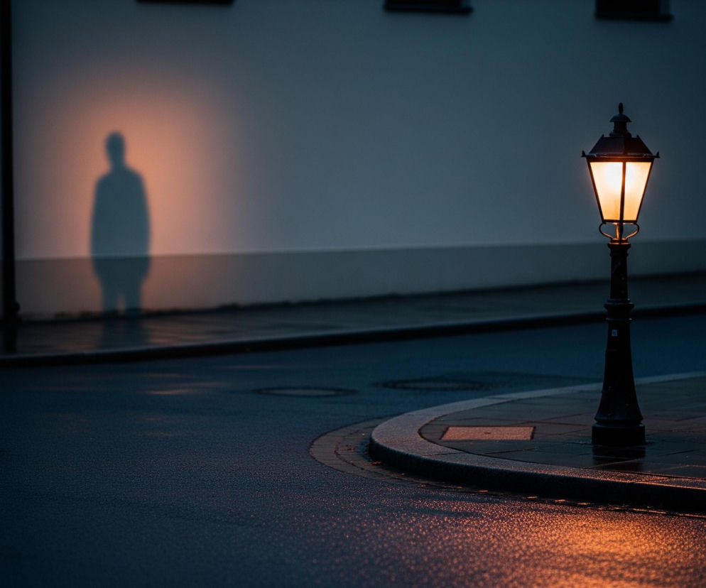 Ulicę nocą, oświetloną przez pojedynczą latarnię. Po prawej stronie kadru znajduje się ciemna, żeliwna latarnia z pomarańczowo-żółtym światłem, odbijającym się na mokrym asfalcie i chodniku. W tle, na jasnej ścianie budynku, widoczny jest wyraźny, ciemny cień postaci ludzkiej, oświetlony tym samym źródłem światła. Droga i chodnik są ciemne, mokre i odbijają blask latarni.